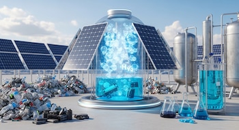 Reactor solar transparente procesa residuos plásticos y baterías en hidrógeno. Paneles solares, tanques y frascos químicos bajo un cielo soleado.