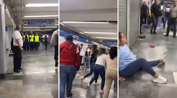 Tres paneles muestran personas en una estación de metro; se observan carteles con las palabras 'TAQUILLA' y 'SALIDA', y una mujer sentada en el suelo.