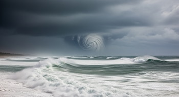 Fotografía horizontal de una costa tropical con grandes olas rompiendo. Un cielo oscuro domina y se observa la forma espiral de un huracán acercándose sobre el mar.