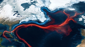Vista satelital del Atlántico Norte con Norteamérica, Groenlandia e Islandia. Corrientes oceánicas rojas y azules serpentean sobre el agua.