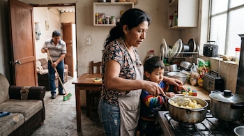 Una mujer con delantal remueve comida en una olla junto a un niño pequeño, mientras un hombre barre al fondo de la estancia.