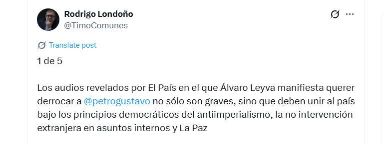 Lodoño se pronunció con preocupación por los audios que implican al excanciller Álvaro Leyva - crédito @TimoComunes/X
