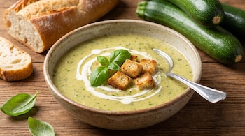 Tazón con crema verde, picatostes, albahaca y una cuchara, junto a rebanadas de pan y dos calabacines sobre una mesa de madera.