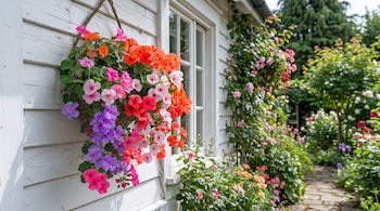 Cesta con flores de colores colgada en la fachada blanca de una casa junto a una ventana y un camino ajardinado.