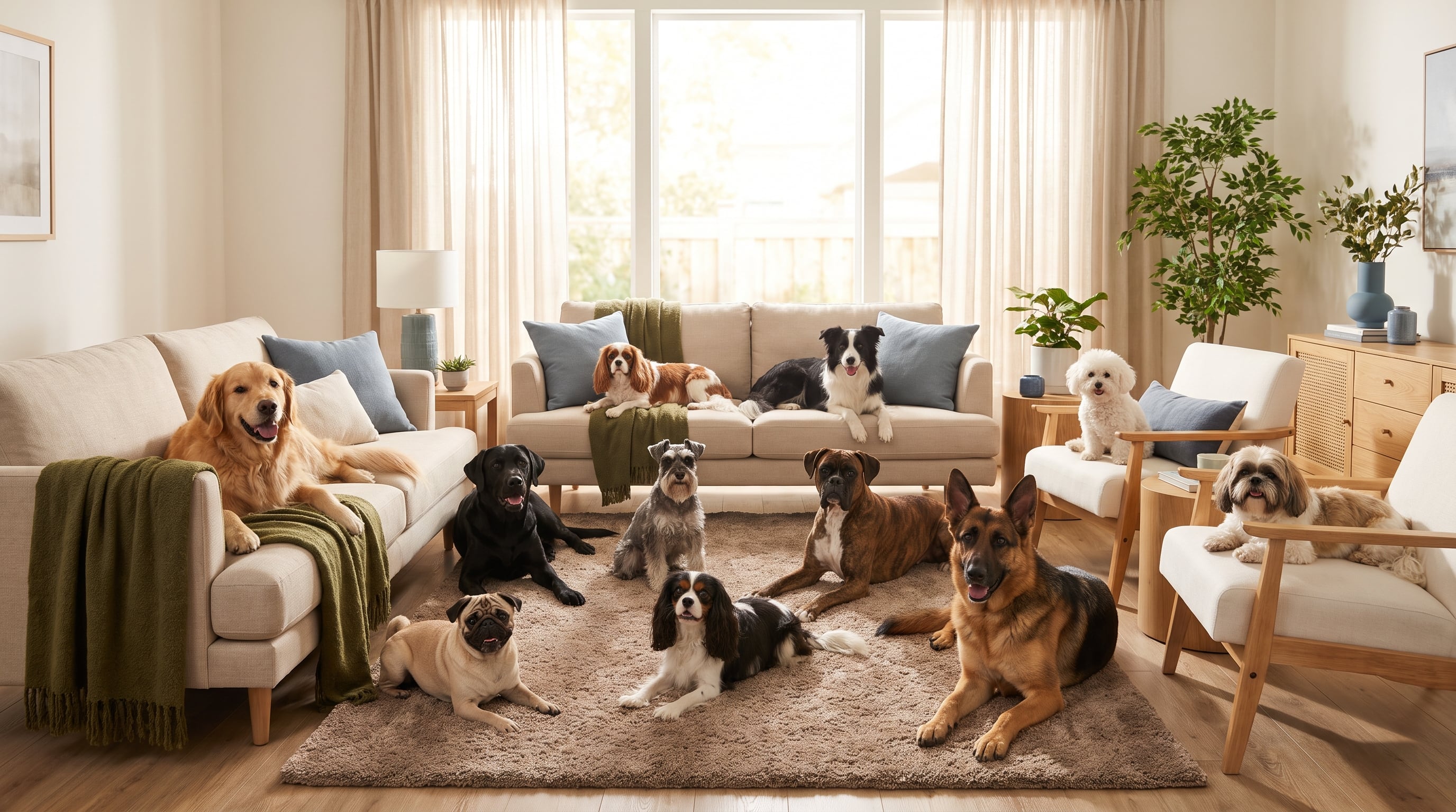 Diez perros de diferentes razas, como golden retriever y labrador, comparten una sala de estar moderna y luminosa. (Imagen Ilustrativa Infobae)