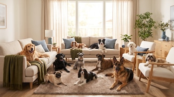 Diez perros de diferentes razas, incluyendo golden retriever, labrador, pug, schnauzer, boxer, pastor alemán y shih tzu, en una sala con sofás y alfombra.