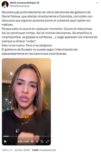 Mafe Carrascal alertó sobre efectos de los aranceles de Ecuador y cuestionó papel de figuras políticas colombianas - crédito @MafeCarrascal/X