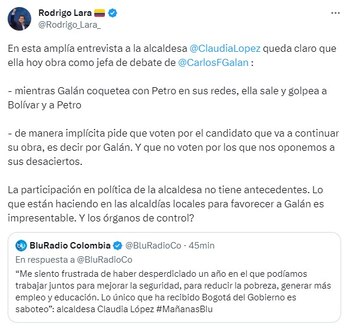 “Claudia López obra como jefa de debate de Carlos Fernando Galán”, aseguró Rodrigo Lara- Colombia-21-09-2023