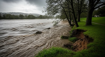 Un río de aguas marrones y turbulentas, con su orilla derecha erosionada que expone tierra. Árboles con ramas oscuras se alinean junto al césped verde.