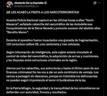 El presidente Abelardo De La Espriella vinculó a Kevin Masacre con el tráfico de drogas y la adquisición de armamento en la región - crédito @ABDELAESPRIELLA / X