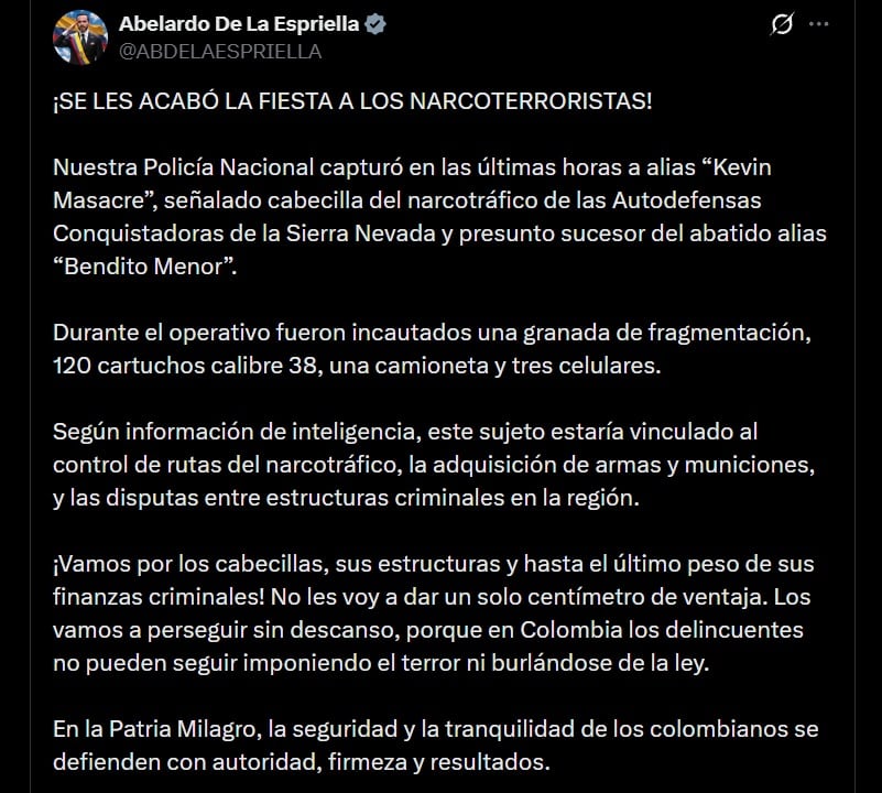El presidente Abelardo de la Espriella vinculó a Kevin Masacre con el tráfico de drogas y la adquisición de armamento en la región - crédito @ABDELAESPRIELLA / X