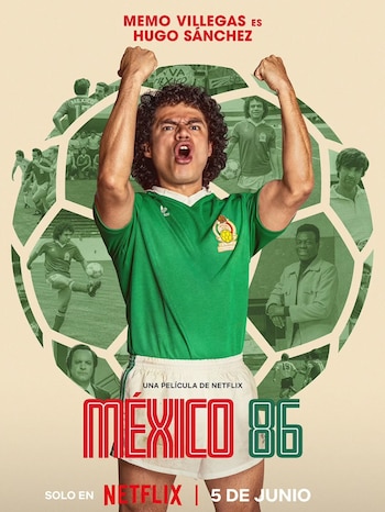 Guillermo Villegas con camiseta verde de fútbol, brazos levantados y boca abierta. Fondo de fotografías históricas de fútbol. Texto: México 86