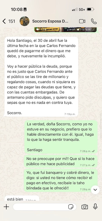 En el chat, la viuda de Hernández le comenta a Botero que su denuncia no tiene nada contra su candidatura presidencial - crédito @Santibotero2026/X