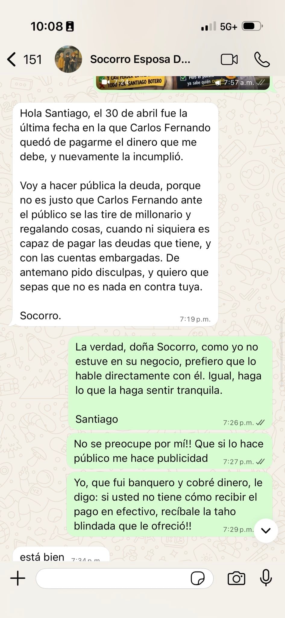 En el chat, la viuda de Hernández le comenta a Botero que su denuncia no tiene nada contra su candidatura presidencial - crédito @Santibotero2026/X