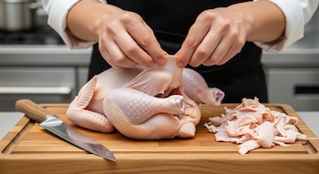 Una persona retira la piel a un pollo entero crudo en una tabla de cortar de madera. Un cuchillo y un montón de piel de pollo ya quitada se ven junto al ave.