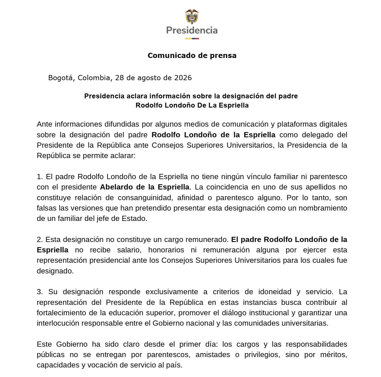 Presidencia aclaró que, a pesar de compartir el mismo apellido, el sacerdote y el jefe de Estado no tienen vínculos familiares - crédito Presidencia