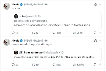 Captura de pantalla de la red social X con mensajes de la cuenta verificada de Nicki Nicole que responden a comentarios sobre la palabra Popstars