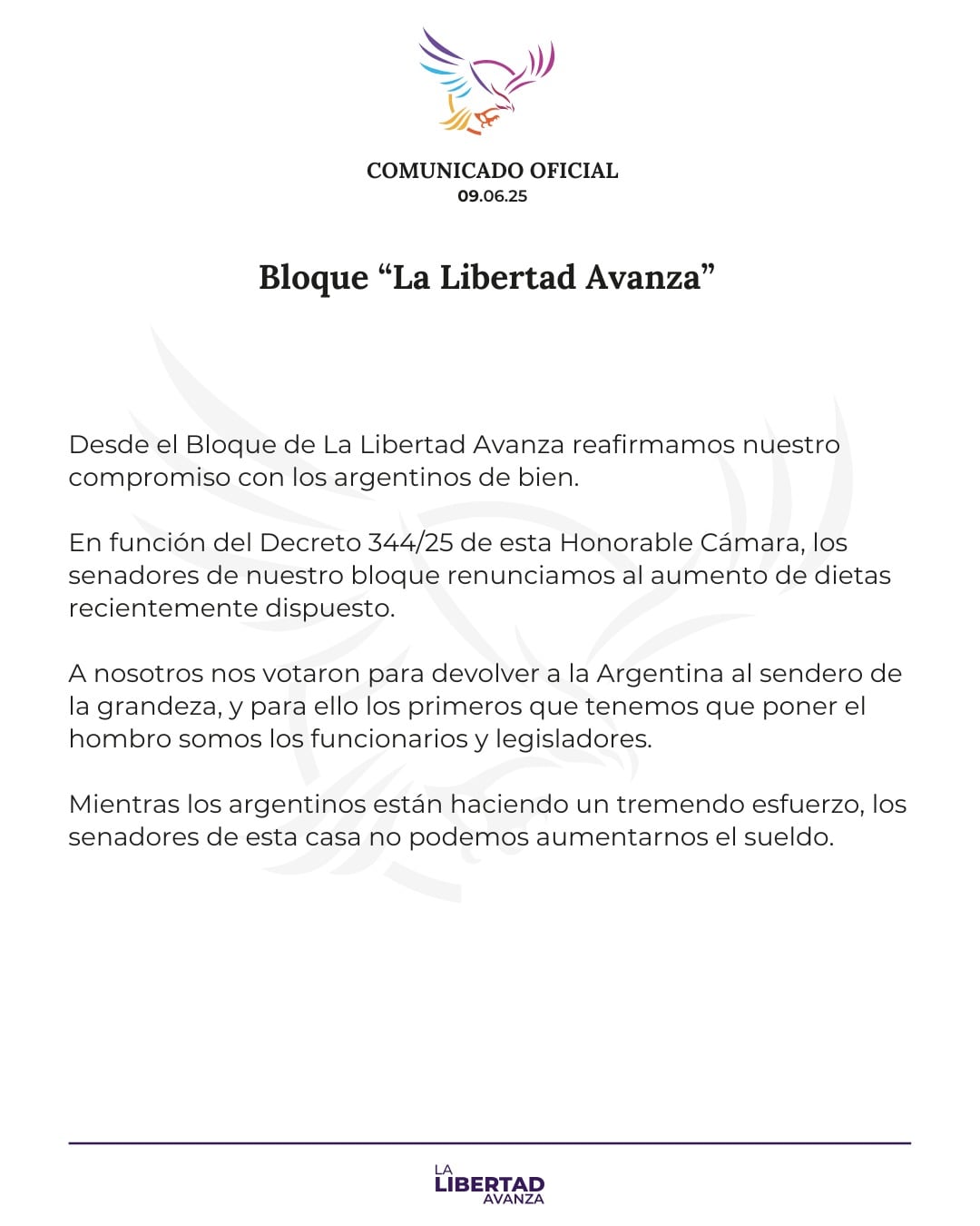Comunicado del bloque de La Libertad Avanza en el Senado
