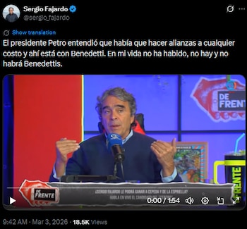 Sergio Fajardo descartó alianzas políticas polémicas y criticó el papel de Armando Benedetti en el Gobierno - crédito @sergio_fajardo/X