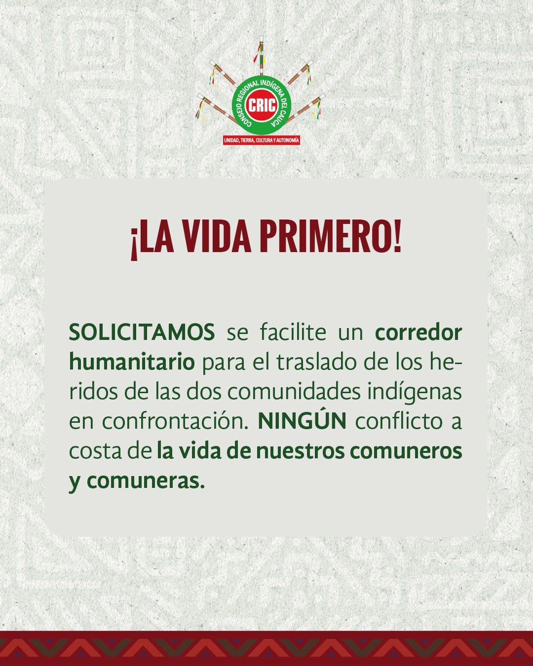 El Consejo Regional Indígena del Cauca (Cric) solicitó que se facilite un corredor humanitario para el traslado de indígenas heridos en medio de confrontaciones - crédito @CRIC_Cauca/X