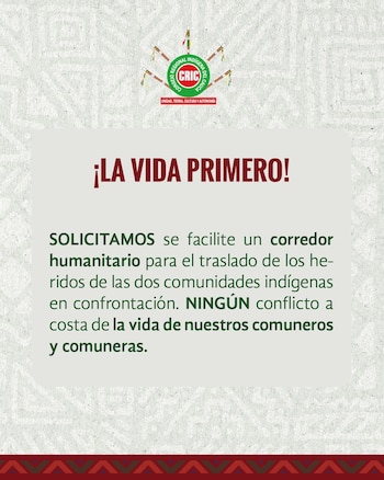 El Consejo Regional Indígena del Cauca (Cric) solicitó que se facilite un corredor humanitario para el traslado de indígenas heridos en medio de confrontaciones - crédito @CRIC_Cauca/X