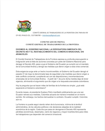 El Comité Gremial de Trabajadores de la Frontera cuestionó la demora del Gobierno Nacional para derogar el Decreto 455, pese a que Ecuador ya eliminó la tasa que originó el conflicto. - crédito Comité Gremial de Trabajadores de la Frontera