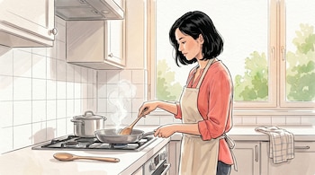 Ilustración en acuarela de una mujer con cabello negro y delantal claro revolviendo una sartén vacía con vapor en una estufa a gas, en una cocina con una ventana que da a árboles.