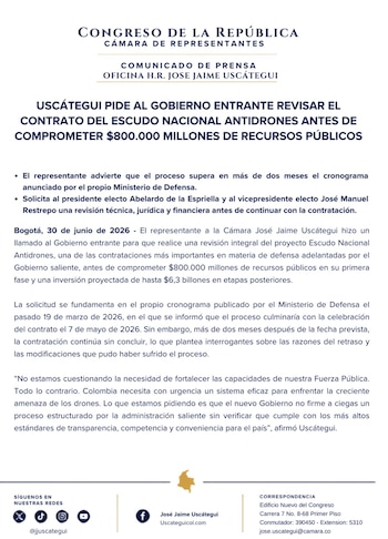 José Jaime Uscátegui pidió al nuevo gobierno revisar el contrato del Escudo Nacional Antidrones antes de comprometer recursos millonarios - crédito Prensa José Jaime Uscátegui