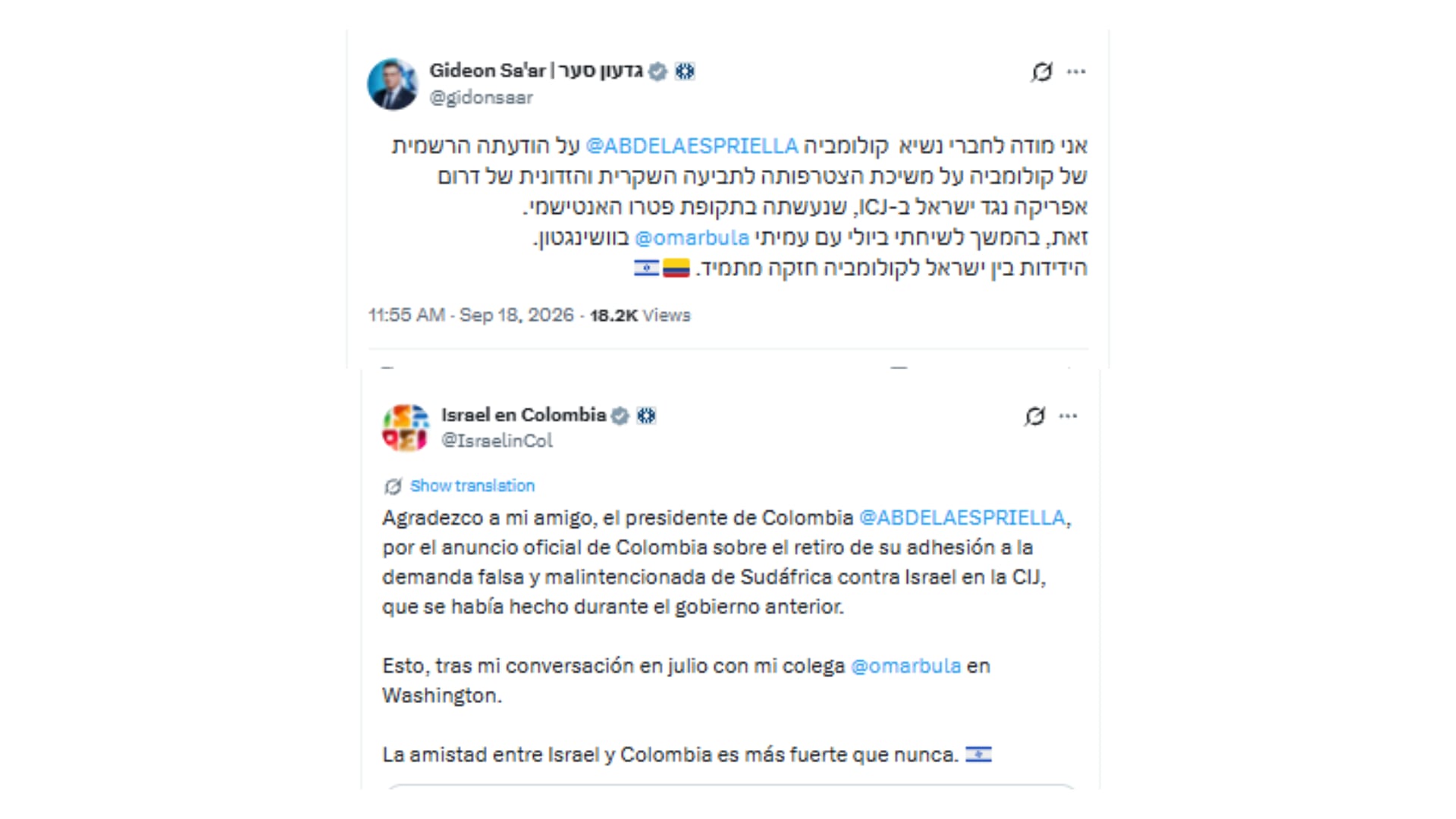 Este es el mensaje oficial del canciller de Israel sobre la retirada de Colombia del trámite judicial - crédito @gidonsaar/X - @IsraelinCol/X