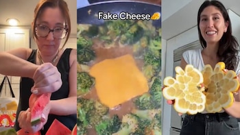 Tres imágenes de una mujer exprimiendo sandía, una sartén con brócoli y queso, y una mujer sosteniendo un cítrico abierto