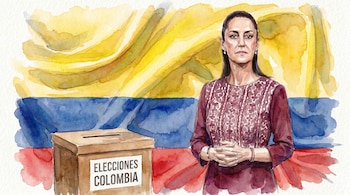Ilustración en acuarela de una mujer con el cabello recogido y vestido burdeos, frente a una bandera de Colombia y una urna que dice "Elecciones Colombia".