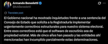 Publicación de Armando Benedetti -