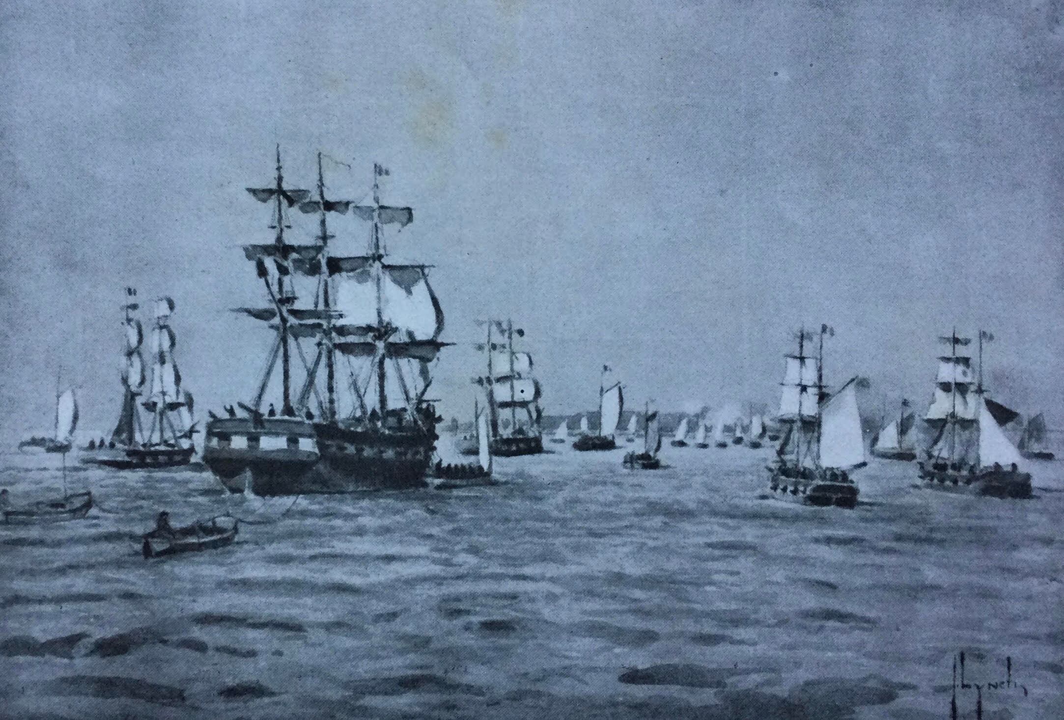 La flota francesa en el Rio de la Plata en plena acción. El 11 de octubre de 1838 ocupó la Isla Martín García luego de una elogiable resistencia de parte de la pequeña dotación que la defendía. (Justo Lynch, según