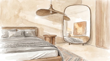 Ilustración de un dormitorio en acuarela con cama, mesita de noche, espejo, lámpara de mimbre y alfombra. Predominan los tonos neutros.