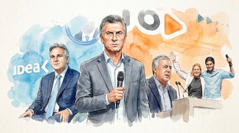 Ilustración acuarela de Mauricio Macri con micrófono, Martín Llaryora, Alfredo Cornejo, Gisela Scaglia y Maximiliano Pullaro. Fondo abstracto con la sigla IDEA.