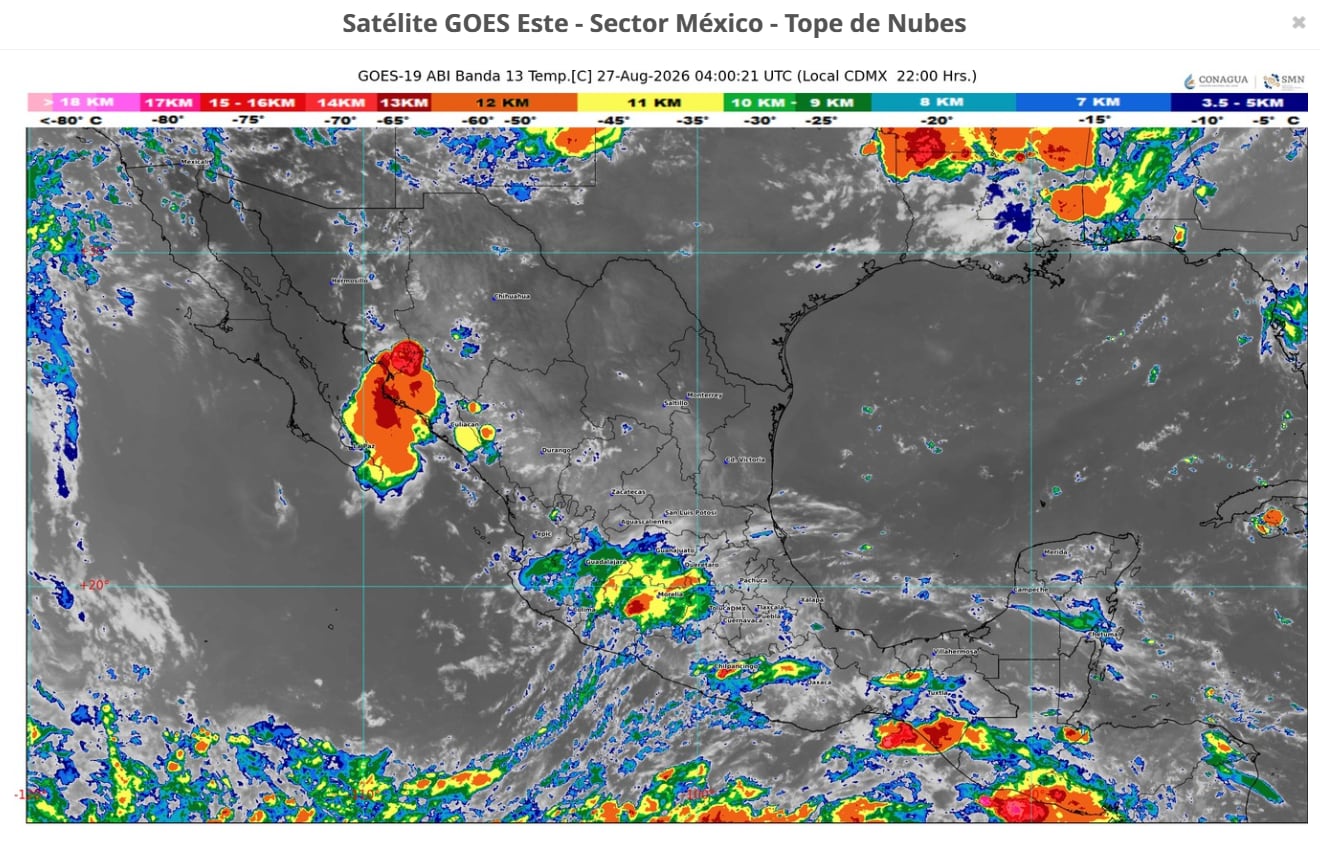 Un mapa del Servicio Meteorológico Nacional de la Conagua registra la temperatura y la altura de la cobertura nubosa sobre el territorio de México. (Conagua clima)