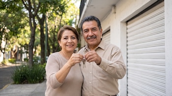 Hombre y mujer sonríen, cada uno sostiene un juego de llaves. Detrás de ellos se ve una persiana metálica blanca cerrada en la fachada de un edificio y árboles.