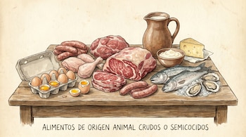 Ilustración de varios alimentos de origen animal crudos o semicocidos: carne roja, pollo, salchichas, huevos, pescado, ostras, leche en jarra y queso sobre una mesa.