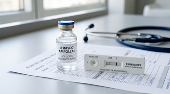 Un frasco con líquido transparente, una prueba médica de diagnóstico rápido y un estetoscopio sobre una hoja de registro clínico.