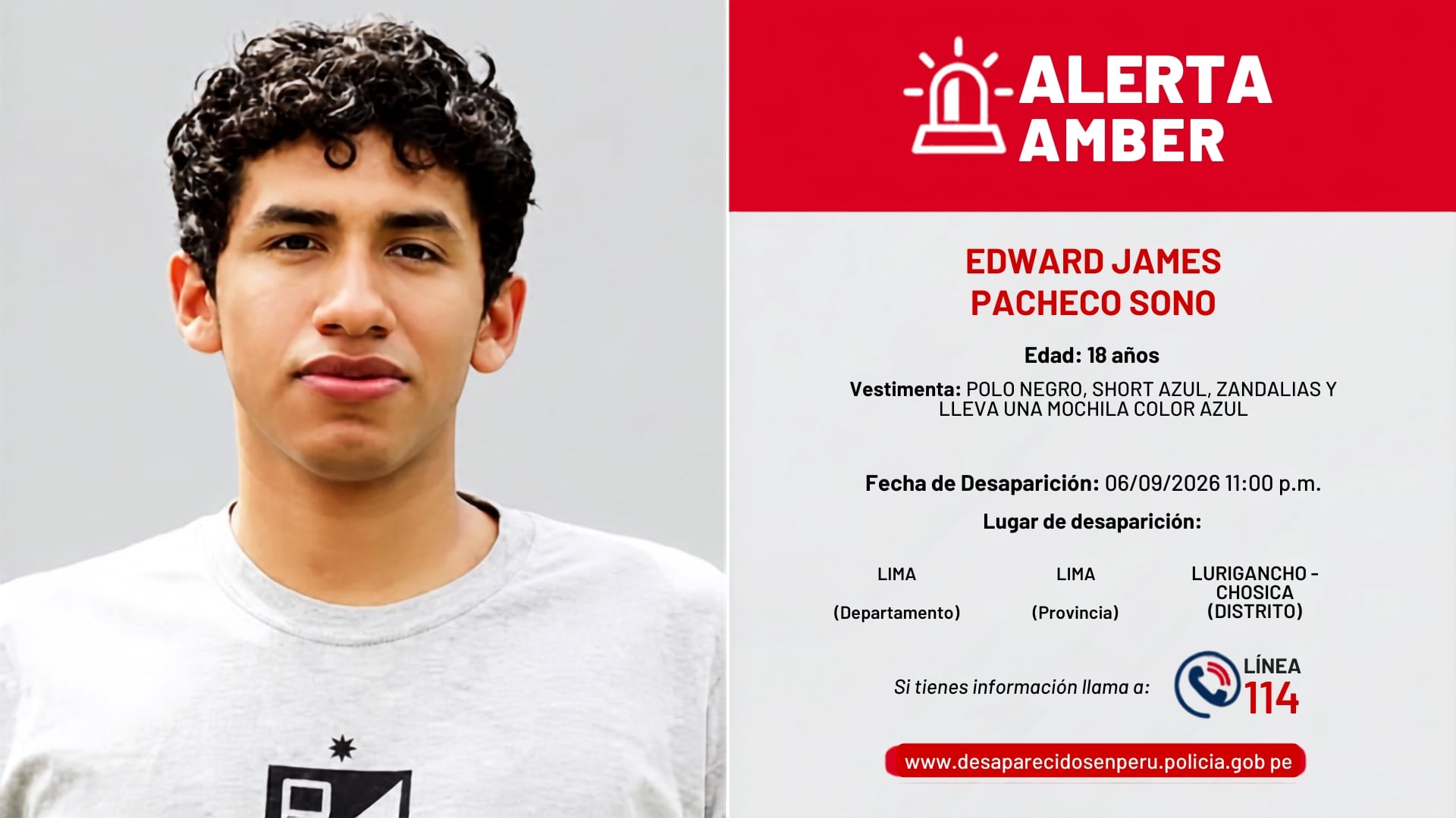 La alerta oficial AMBER difunde la fotografía y los datos de Edward James Pacheco Sono, un joven de 18 años reportado como desaparecido en el distrito de Lurigancho-Chosica. (Composición / PNP)