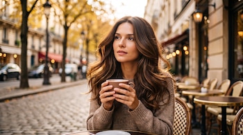 Mujer sentada en mesa de terraza de café con taza de café. Fondo borroso de calle adoquinada, árboles con hojas doradas y edificios parisinos.