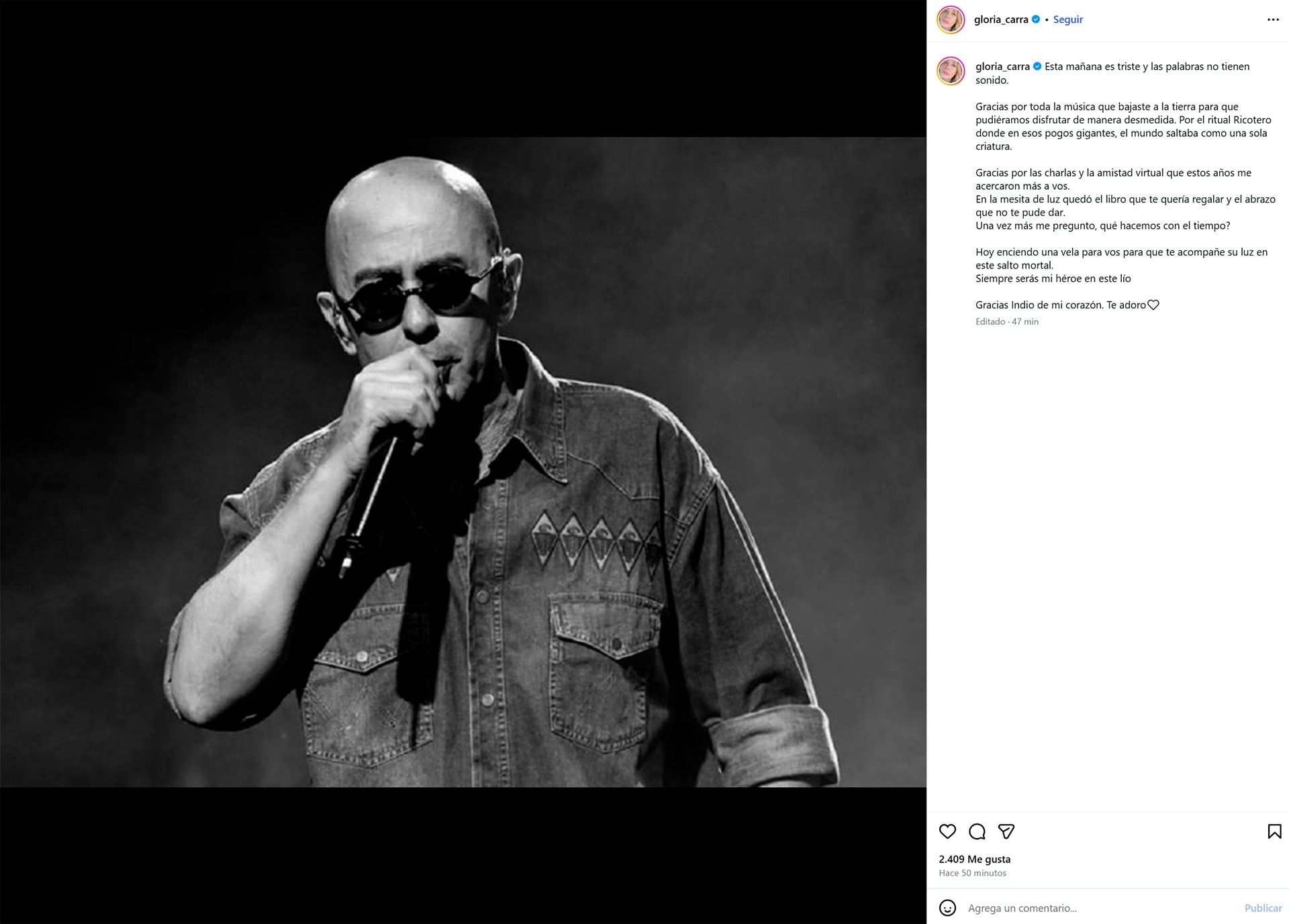 Gloria Carrá también subió su despedida a Instagram
