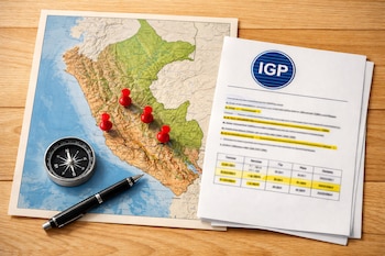 Mapa de Perú con chinchetas rojas. Documento del IGP con texto resaltado. Brújula y bolígrafo sobre una mesa de madera clara.
