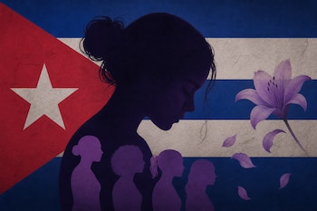 Silueta del perfil de una mujer, varias siluetas menores, una flor morada con pétalos cayendo y la bandera de Cuba en el fondo.