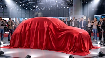 Un coche está cubierto por una tela de seda roja en un escenario elevado, rodeado por una multitud de personas con cámaras en un salón de exposiciones.