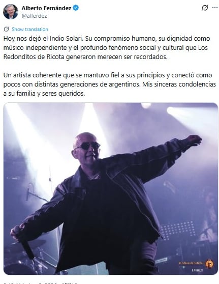 El expresidente lamentó la partida de Indio Solari, un ícono de la cultura popular argentina (@alferdez)
