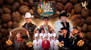 Cartel con el logotipo de la Expo Feria de la Nuez 2026, integrado por varios músicos y cantantes sobre un fondo compuesto por nueces y almendras.