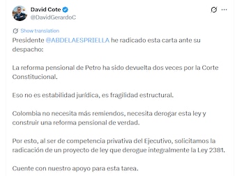 El representante también criticó el diseño de la reforma porque, según expone en su carta, concentra una mayor proporción de las cotizaciones en el componente de Prima Media administrado por Colpensiones, especialmente para ingresos de hasta 2,3 salarios mínimos - crédito @DavidGerardoC/X