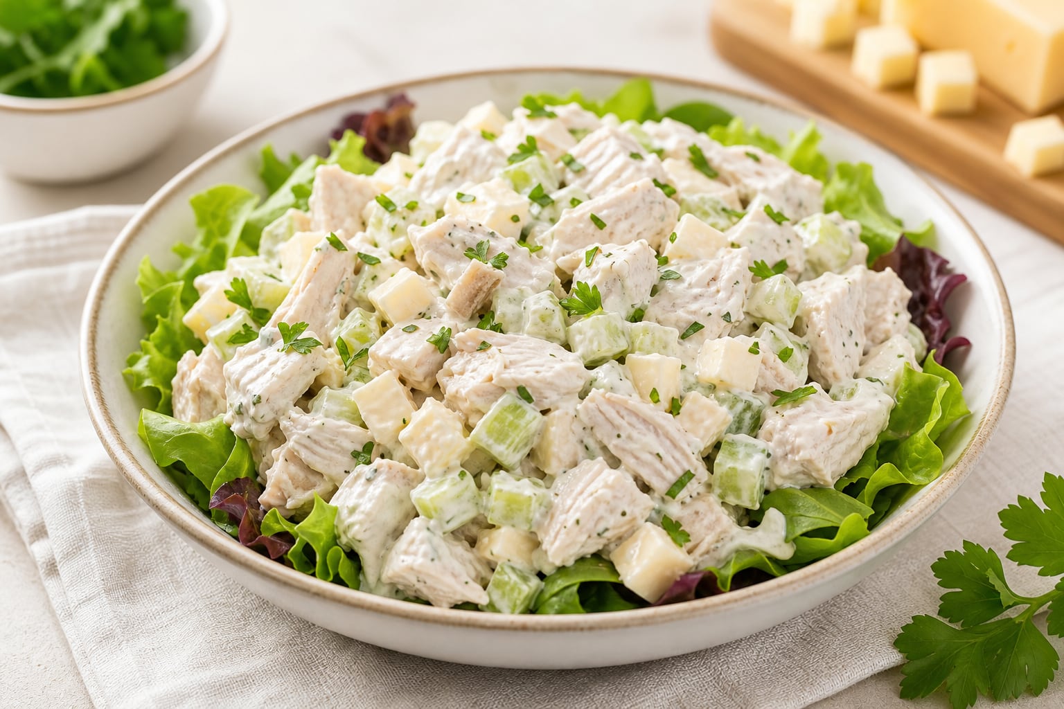 Una ensalada combina trozos de pechuga de pollo con aderezo de yogur, dados de queso y apio sobre una cama de lechuga. (Imagen Ilustrativa Infobae)
