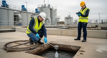 Dos técnicos con equipo de seguridad recolectan muestras de agua en una planta de tratamiento. Un hombre toma una muestra de un pozo, y una mujer anota datos en una tableta.